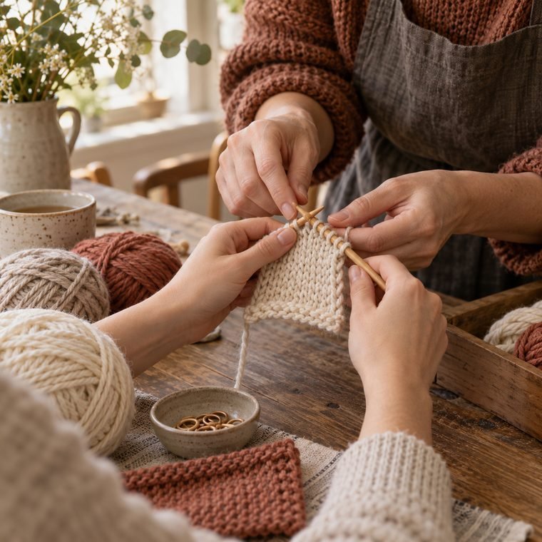 Hands learning to knit together in a workshop