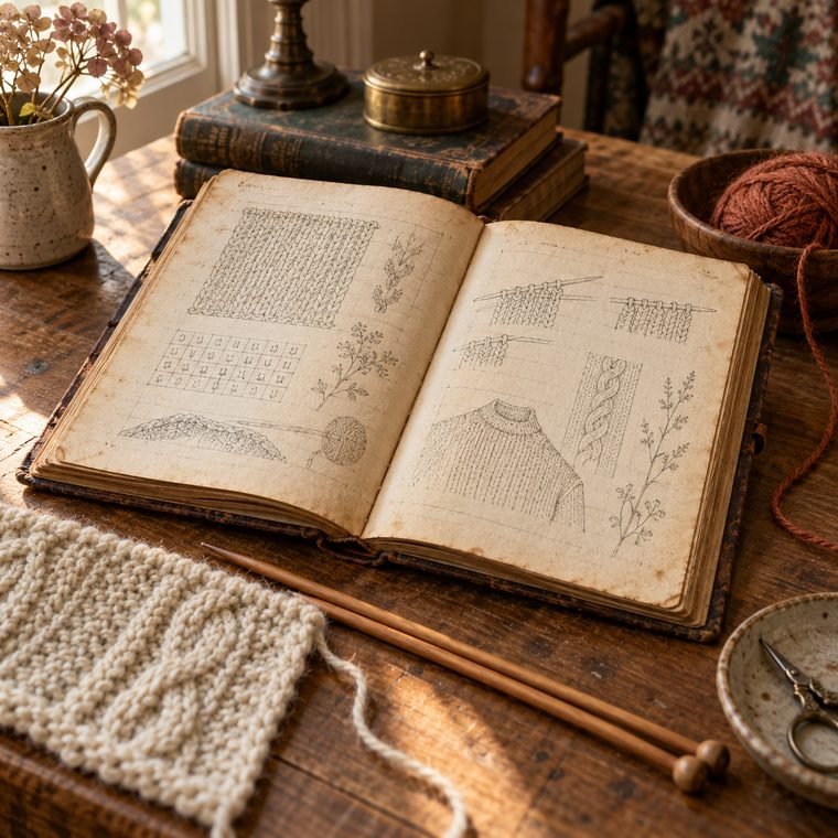 An archival knitting notebook with stitch diagrams