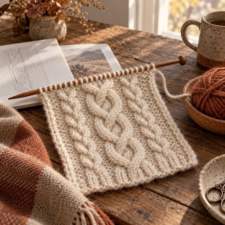 Knitting needles, yarn and a pattern in progress