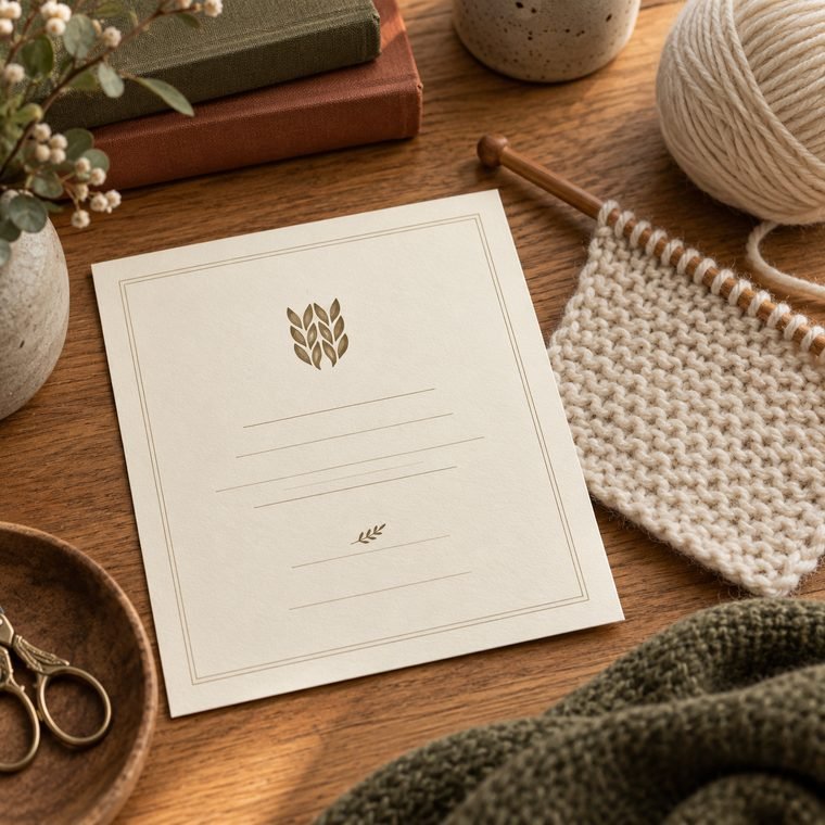 A knitting sample beside a certificate-style page