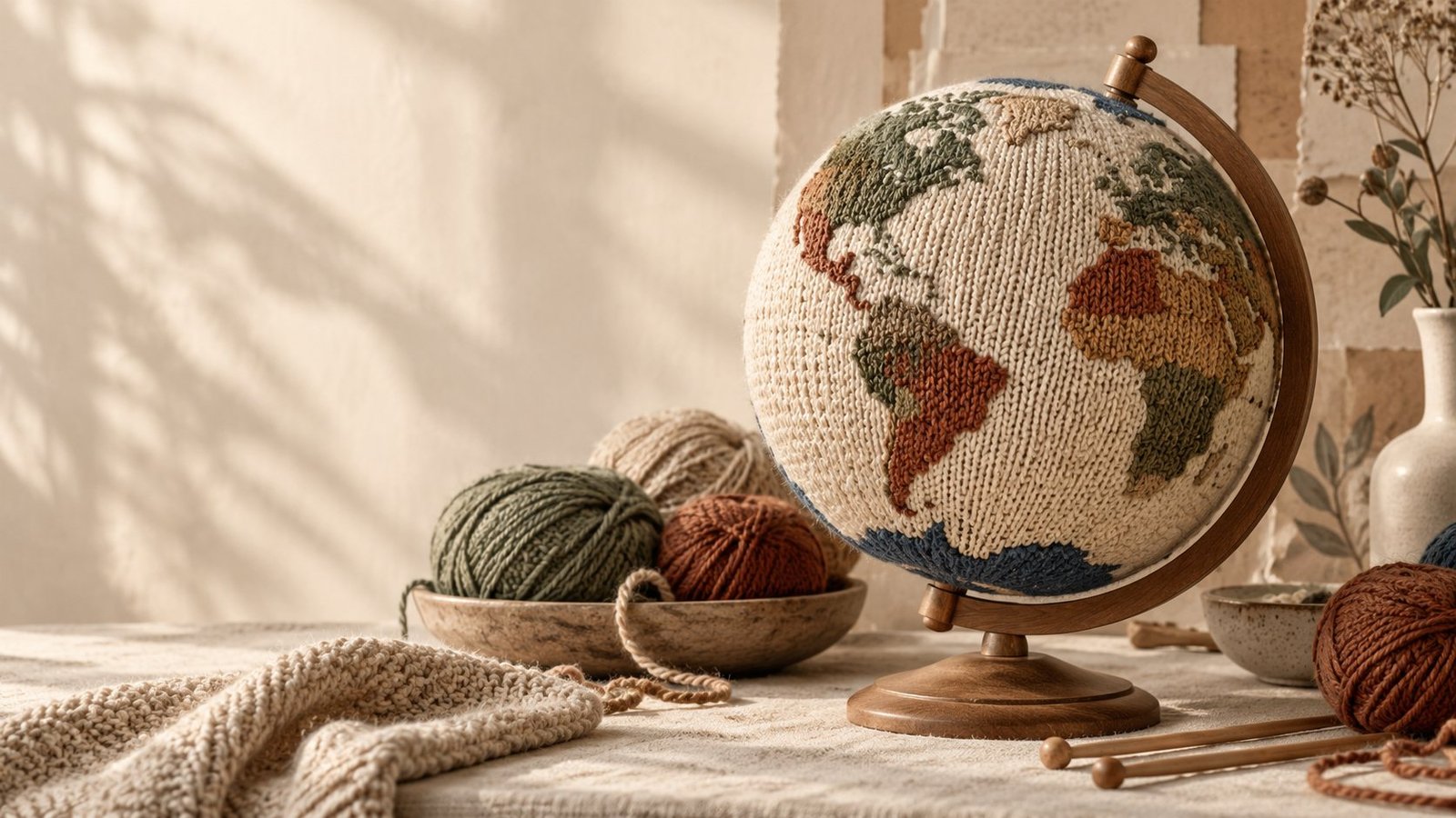 A small knitted globe surrounded by yarn and wooden needles