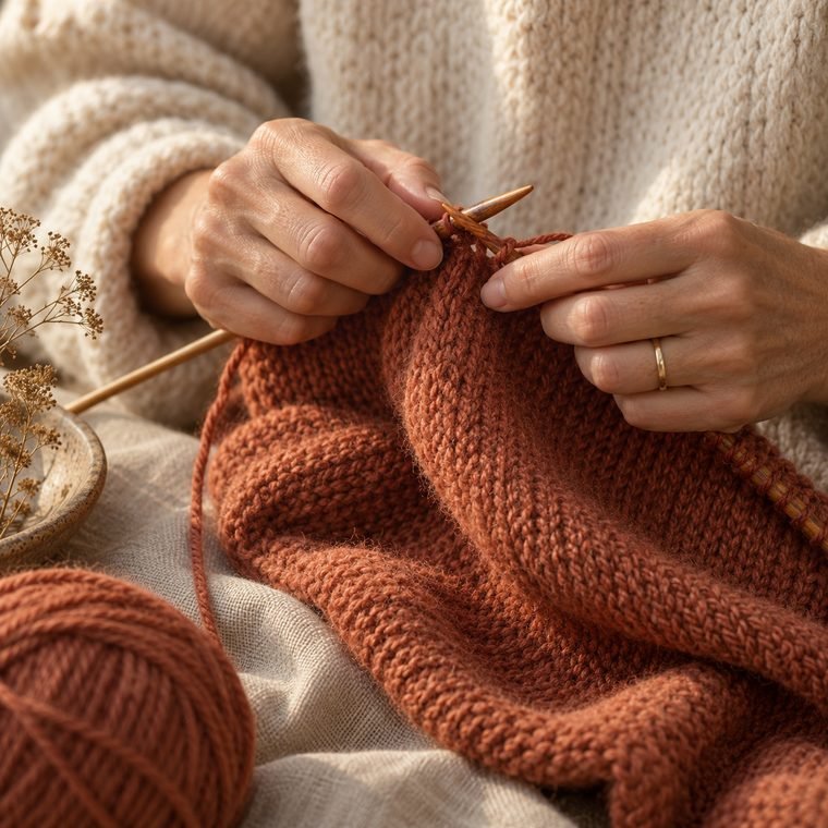 Hands knitting with terracotta wool