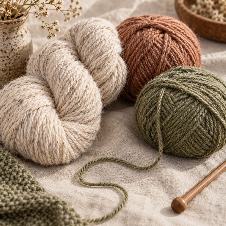 Oatmeal, terracotta and olive wool yarn