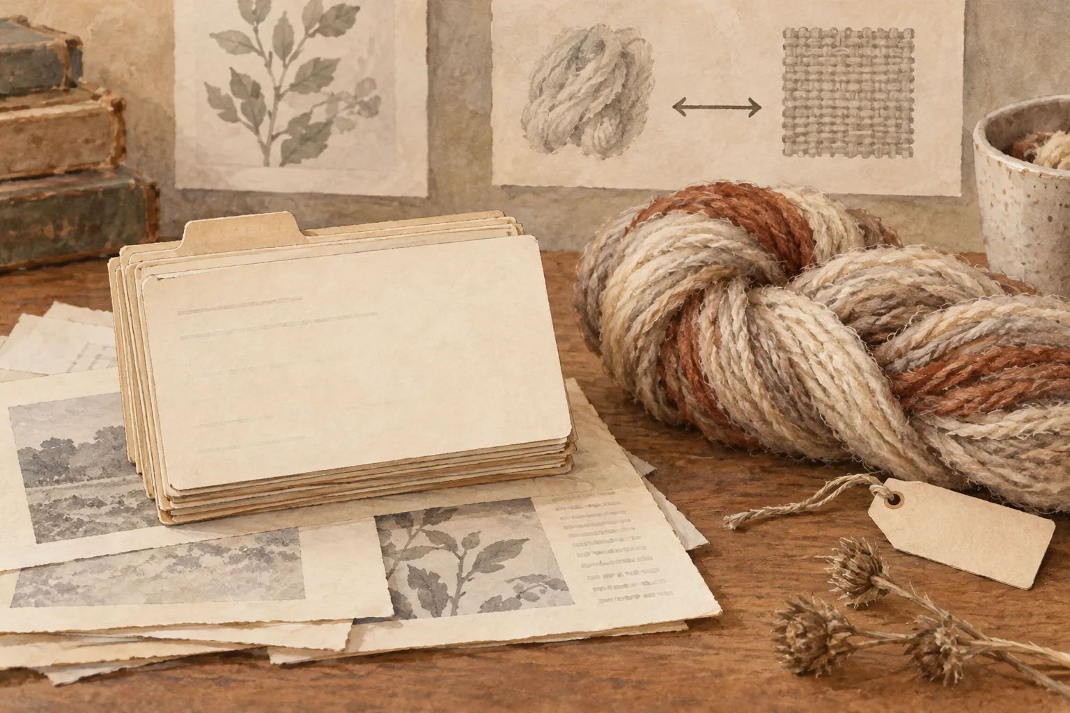 AI watercolor of fictional archive cards and yarn