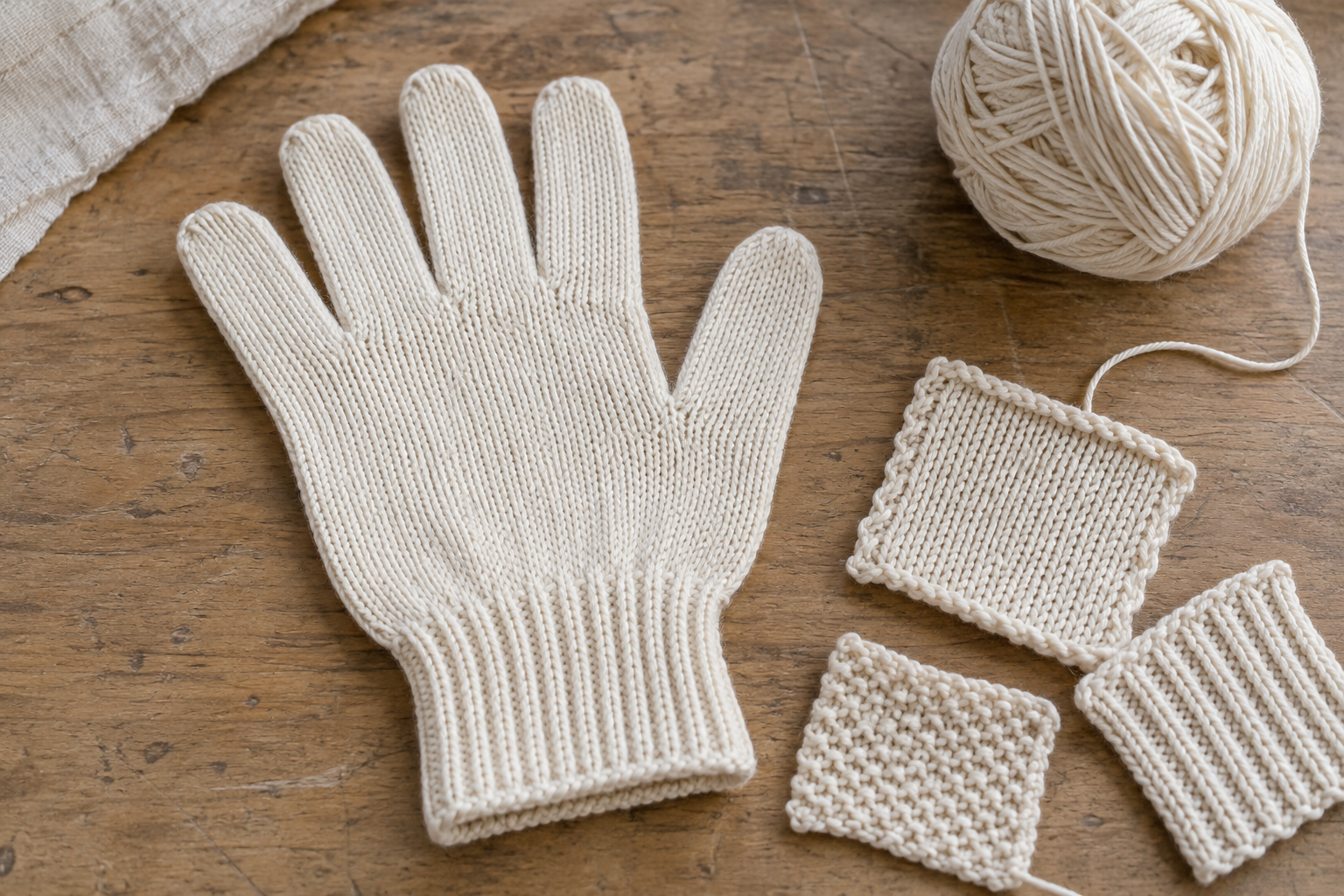 AI-generated illustration: a modern cotton work glove and test swatches. It is not an archival photograph, historic product, or exact reconstruction of Heritage No. 90.