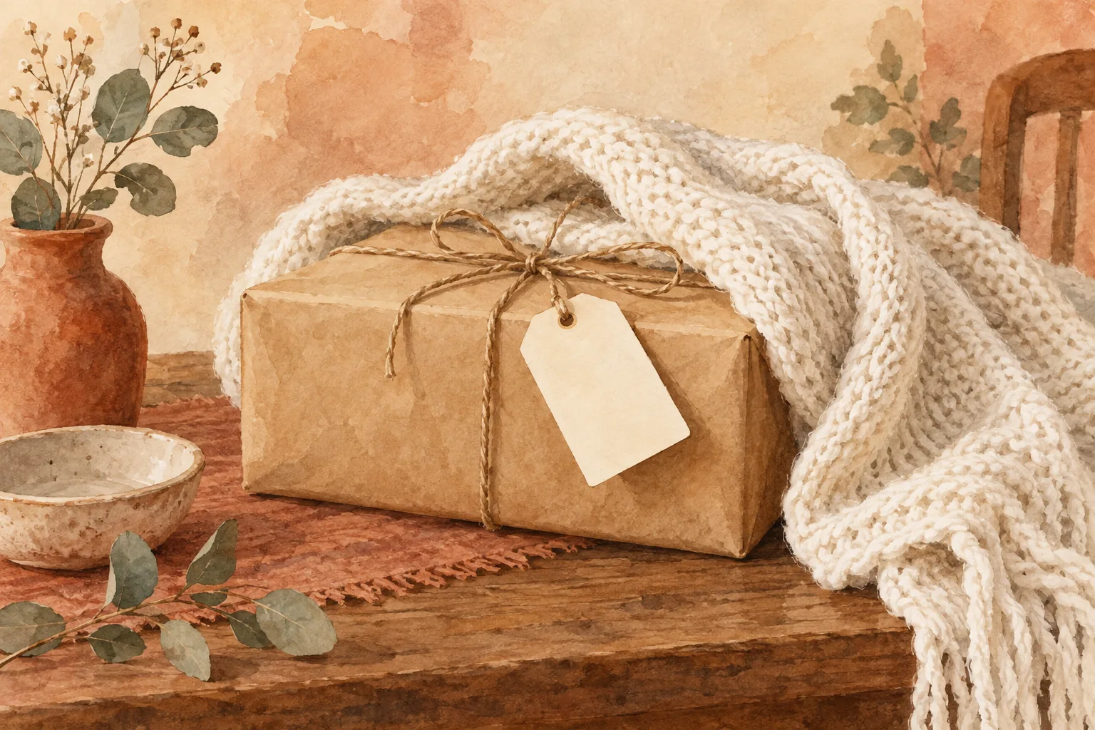 AI watercolor of a fictional white wrap and gift box