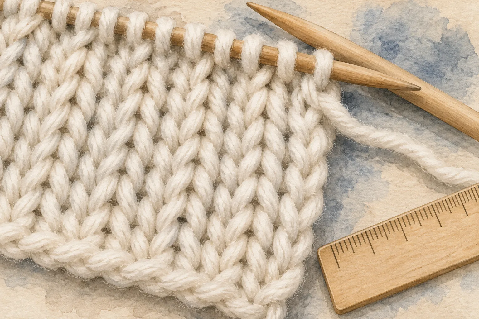 AI watercolor of yarn and an imagined knitted swatch