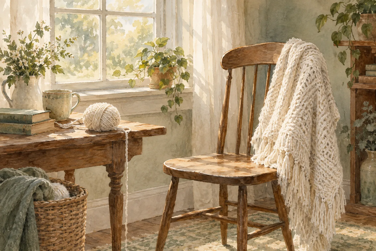 AI watercolor of an imagined white wrap over an empty chair