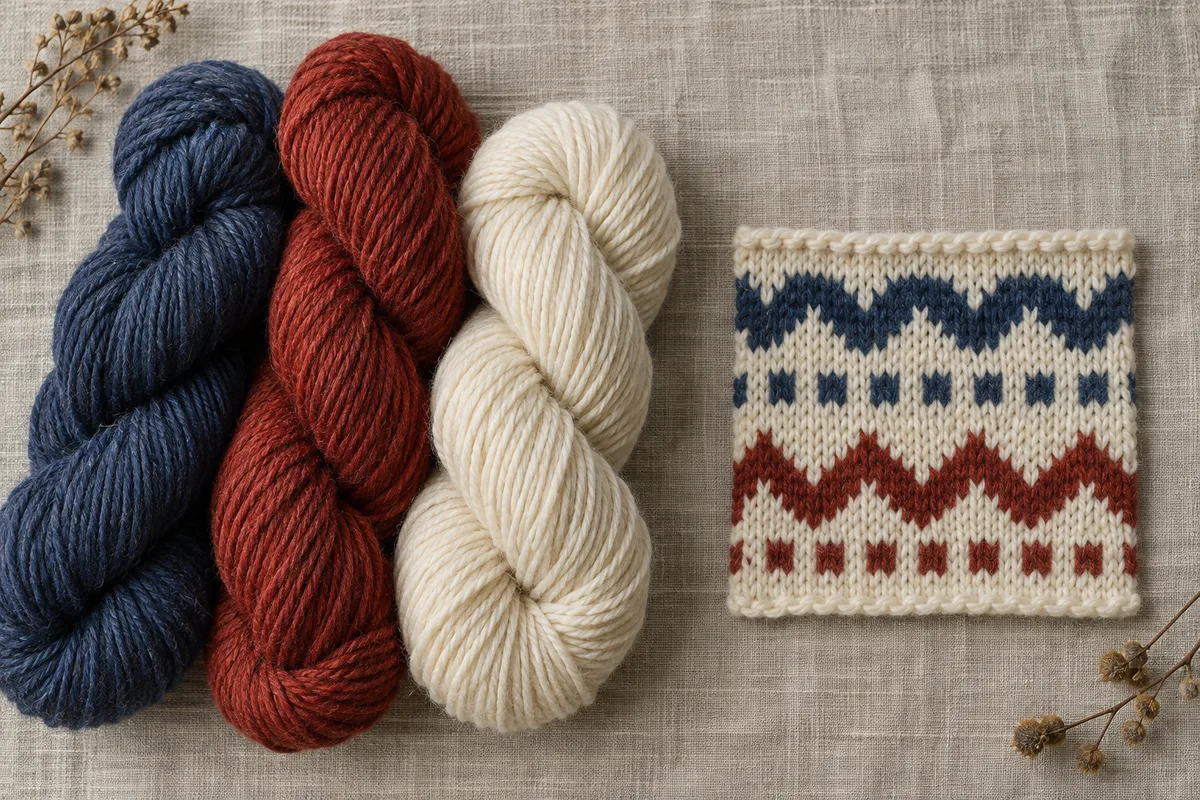 AI-generated: Red, blue and cream yarn beside an invented banded swatch. This is not the Bjärbo museum sample or a chart from which to count stitches.