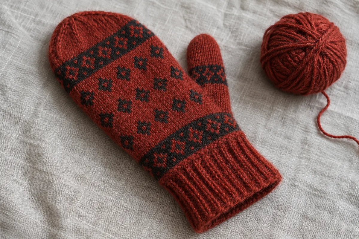 AI-generated: An invented red-and-black mitten, used alongside the material record for Väröbacka. It is not a photograph of the museum object.