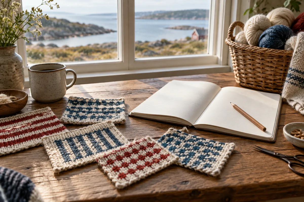AI-generated: A fictional contemporary workspace with knitting and a blank notebook. This is not Berta Borgström’s workplace or a documentary photograph of Bindslöjden.