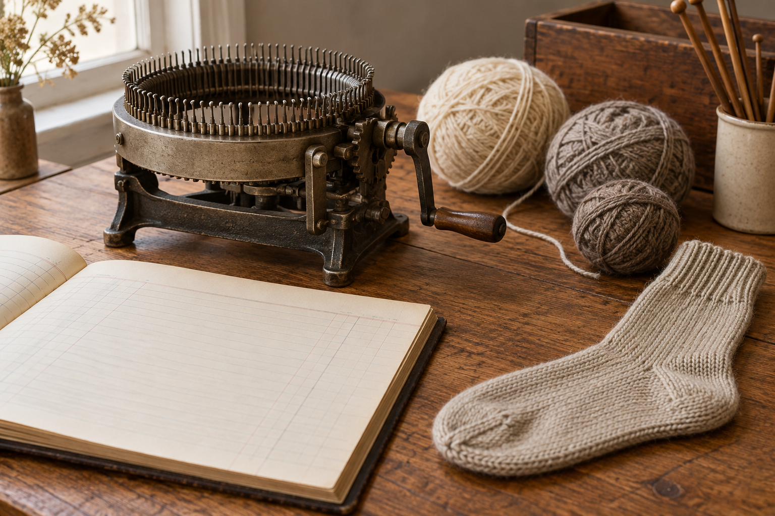 AI conceptual still life of generic knitting machinery, yarn and a sock
