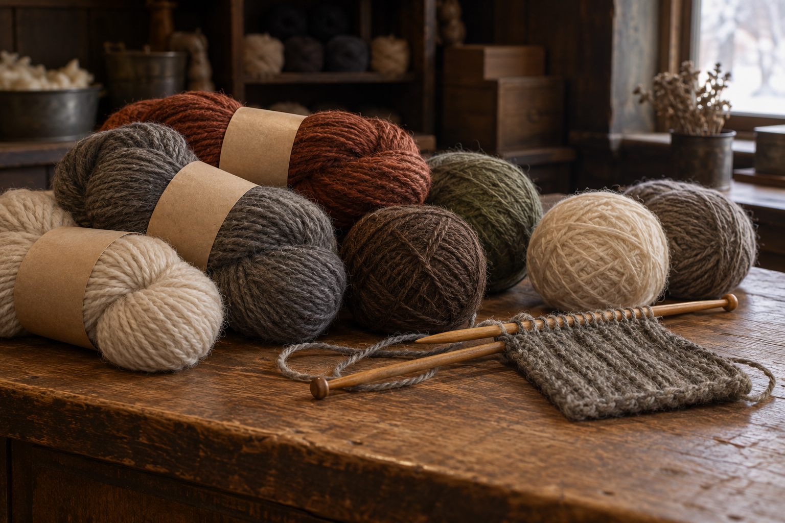 AI conceptual yarn shop display without brand labels