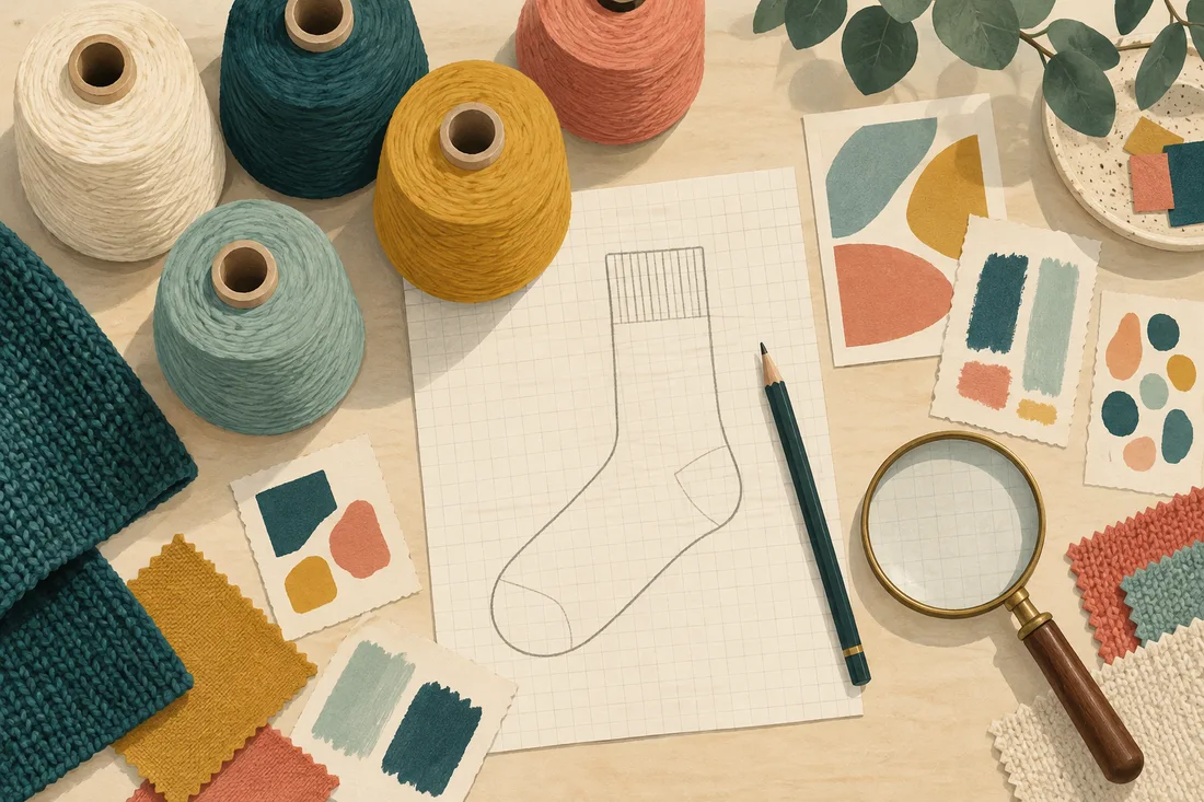 AI-generated illustration of an imaginary desk for colour and sock planning. Not an actual brand design, product, factory photograph or usable pattern.