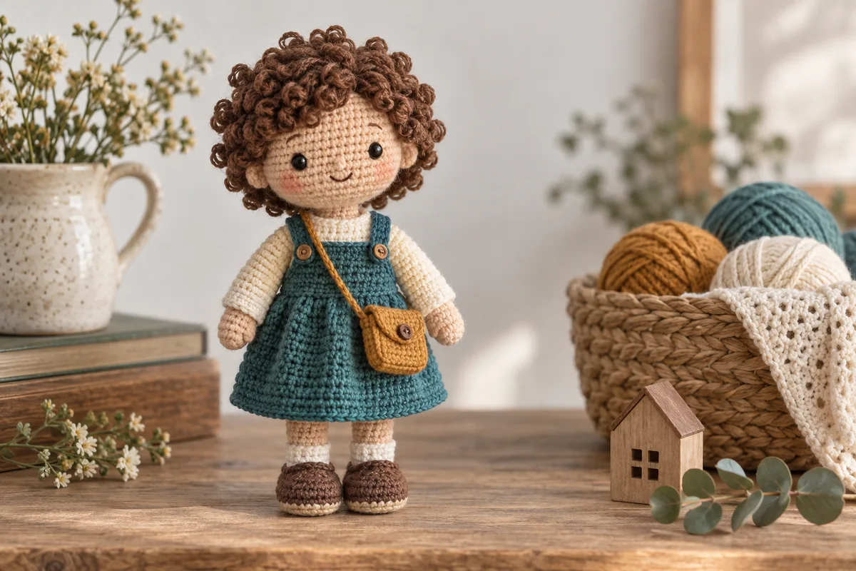 AI-generated illustration: An invented doll in a teal dress, not a design from Khuc Cay’s books.