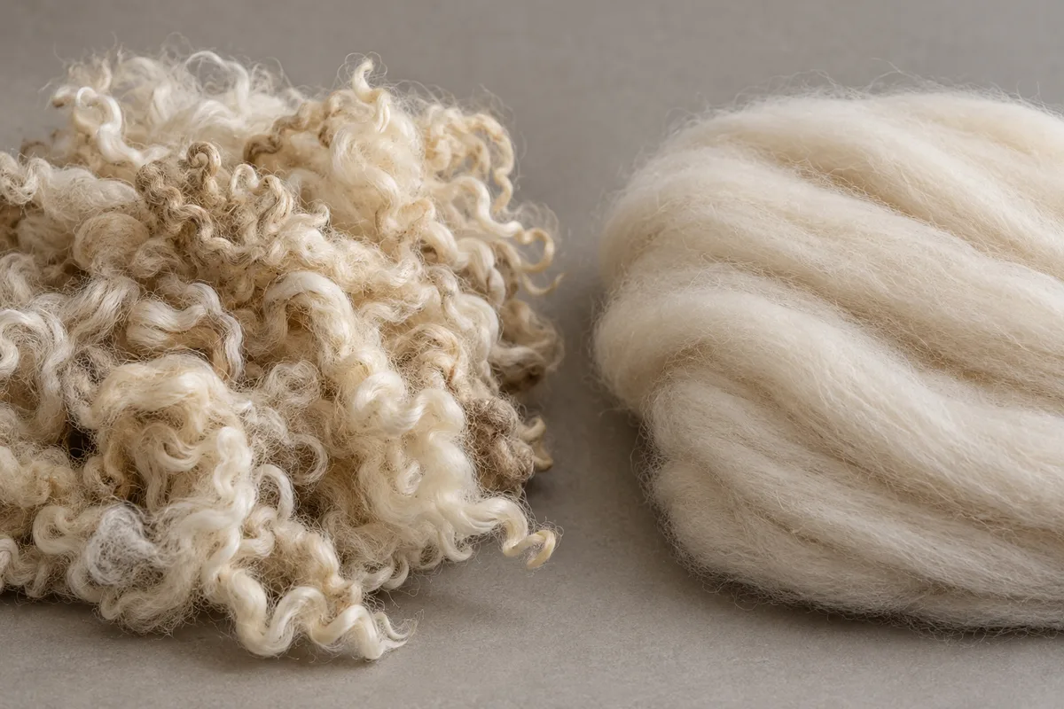 AI-generated illustration: An imagined comparison of fleece and prepared fibers, not museum specimens or breed measurements.