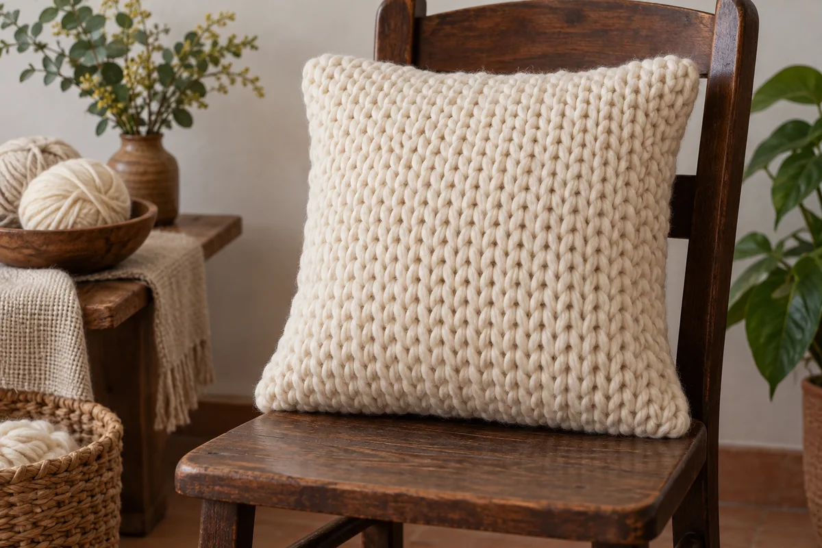 AI-generated illustration: An invented chunky knitted cushion, not a Mãostiqueiras product or pattern.
