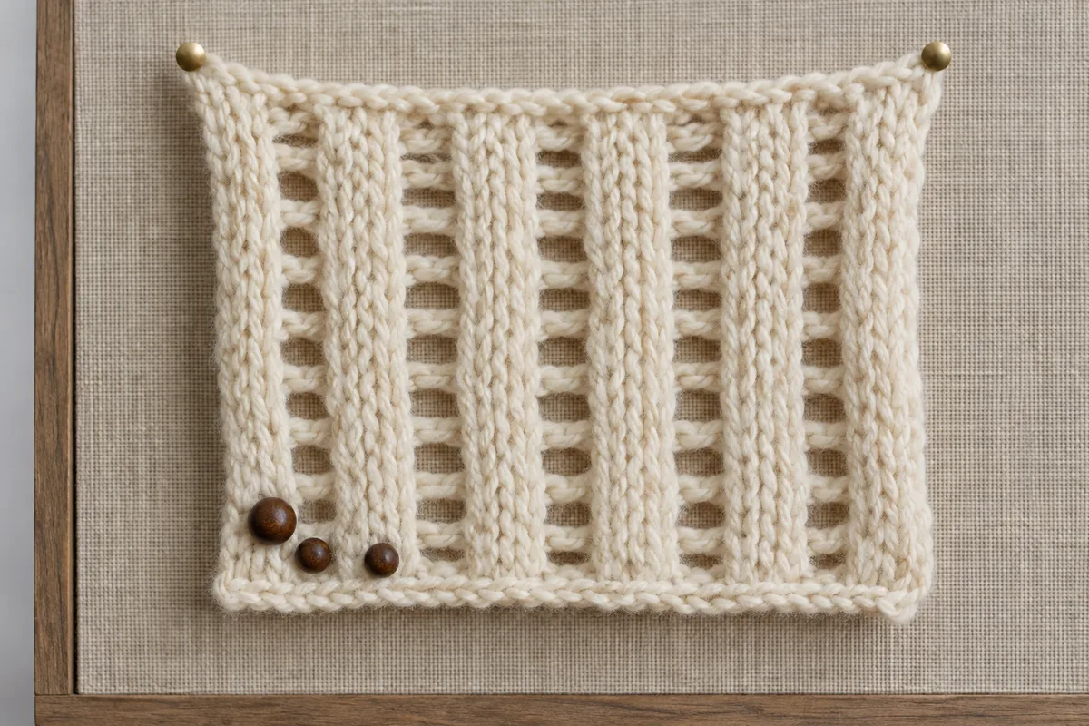 AI-generated illustration: An invented knitted study with wooden beads, not Fans And Beads or its stitch pattern.