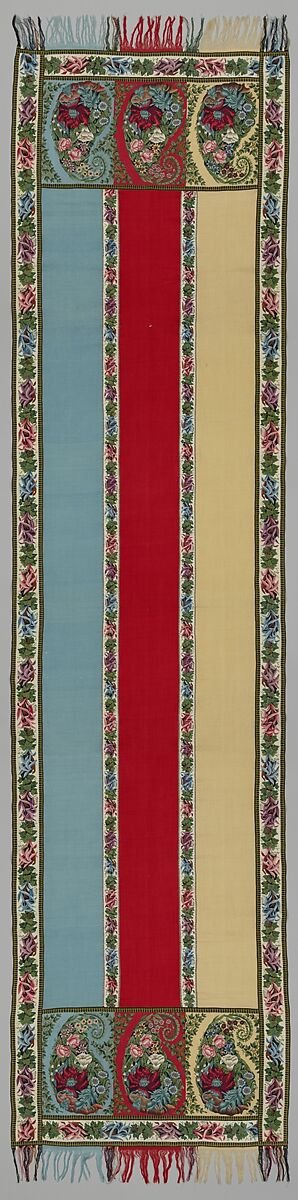 An early-nineteenth-century goat-fibre shawl from Nadezhda Merlina Manufactory. The Met records tapestry and twill weaving.