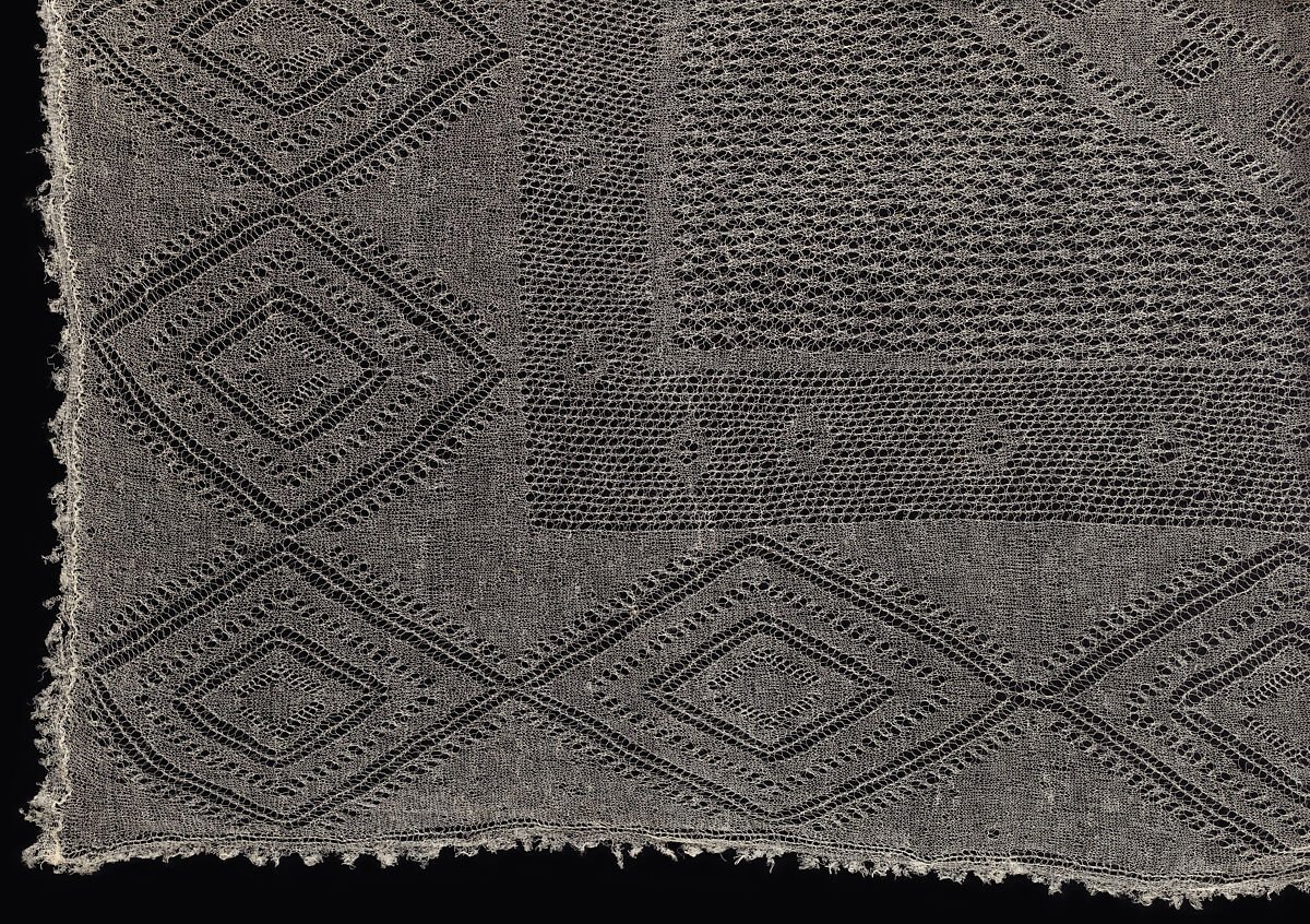 Detail of a nineteenth-century Russian knitted cashmere shawl. Its open geometric border and ground can be compared.